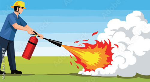 Man wearing a safety helmet using a fire extinguisher to put out a fire in an outdoor environment during an emergency.