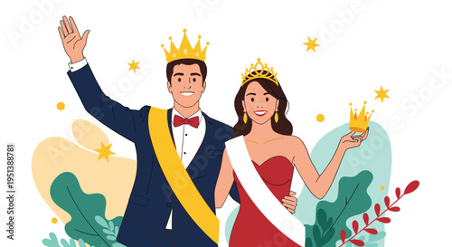 Prom king and queen wearing elegant attire and golden crowns posing for a celebratory photo at their formal school dance.