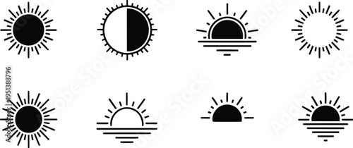 A set of vector line art sun silhouettes in various positions and styles for design use