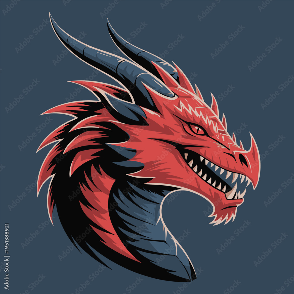 Fototapeta premium Red Dragon Head Fierce Grin Stock Illustration