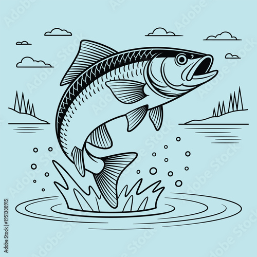 Fish Jumping Out of Water Vector Illustration Fishing Hobby Outdoor Activity Stock Graphic