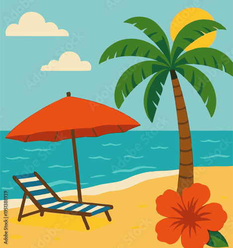 Boho beach illustration with terracotta sun, palms, beach chair, red umbrella, and hibiscus flower. Perfect for travel posters