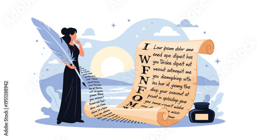Creative woman writer holding a large quill pen and contemplating a long ancient scroll with text under a night sky.