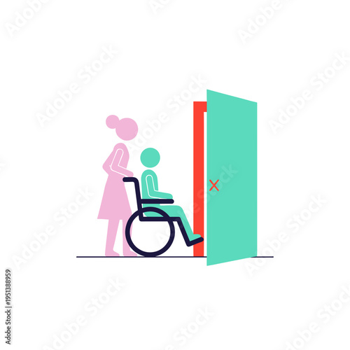 Woman assisting a person in wheelchair through a doorway, concept of Disability & Invisibility  
