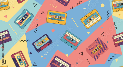 Retro seamless pattern featuring vintage cassette tapes on a vibrant geometric background with colorful shapes.