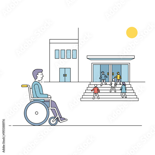 Man in wheelchair observing children playing outside building, concept of Disability & Invisibility  