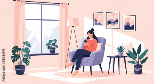 Young woman relaxing in a comfortable armchair in a cozy living room while using her smartphone by a bright window.