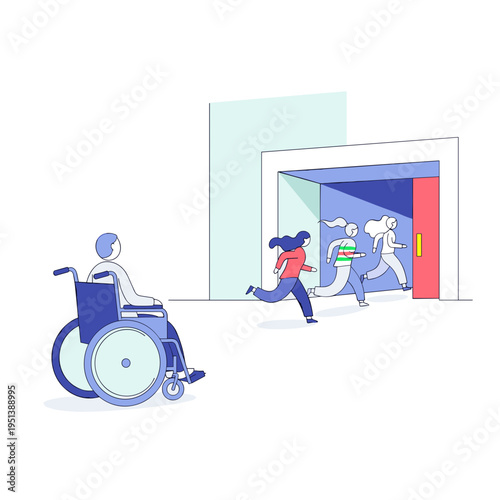 Person in wheelchair watching able-bodied friends exiting a building 