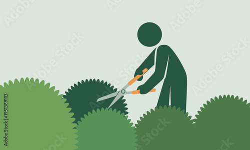 Gardener Trimming Hedges with Shears Minimalist Vector Illustration