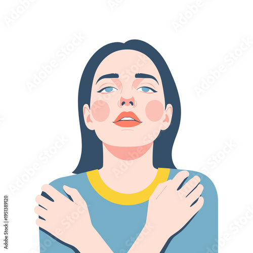 Young woman embracing herself and expressing emotions with closed eyes