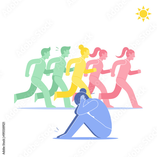 Person sitting alone while others jog in vibrant colors, concept of Disability & Invisibility  