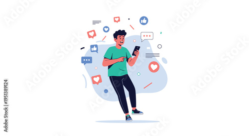 Happy young man using a smartphone while surrounded by floating social media icons like red hearts and thumbs up.