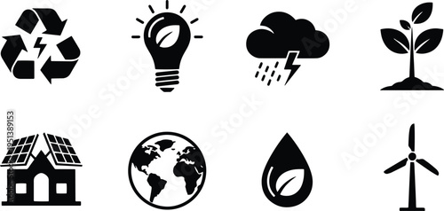 A set of vector line art silhouettes illustrating eco-friendly concepts and sustainable living icons in black