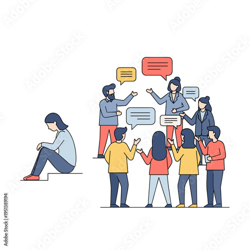 Group of people discussing while one individual feels invisible, concept of Disability & Invisibility  