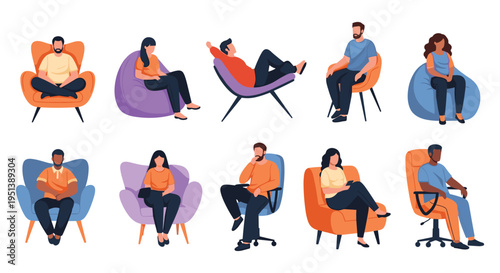 Large set of diverse characters sitting in various chairs and comfortable beanbags in relaxed or professional poses.