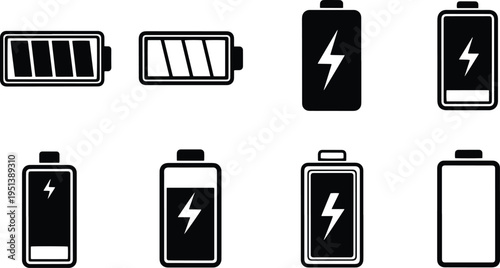 A set of vector line art battery icons in silhouette style for various digital applications