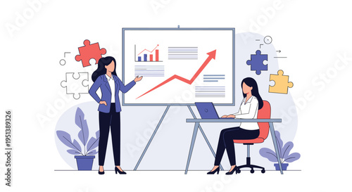 Professional business team conducting a successful presentation with financial growth charts and strategic puzzle pieces.