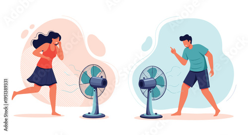 Man and woman struggling with extreme summer heat while trying to stay cool in front of large electric floor fans.