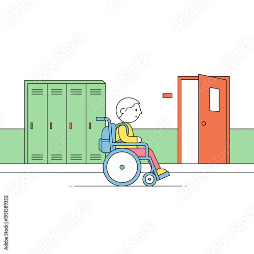 Child in wheelchair navigating school hallway with lockers and door - Concept of Disability & Invisibility  