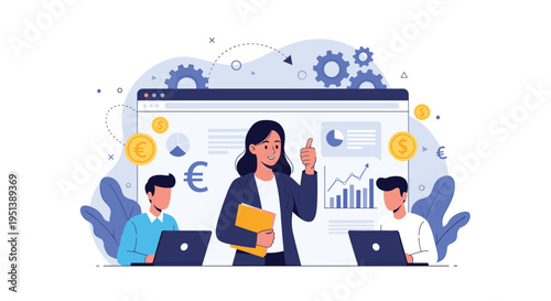 Successful businesswoman giving a thumbs up while working with a professional team on a complex financial data project.