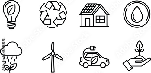 A set of eco-friendly vector icons illustrating sustainable living concepts in line art silhouette style