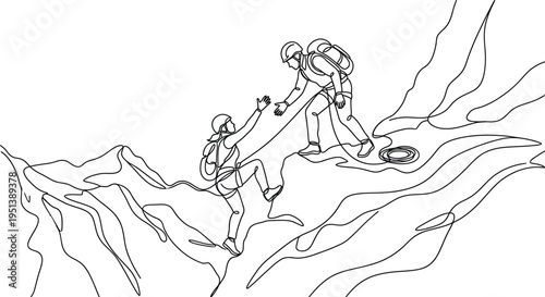 Climbers at the top. Climbing in the mountains in a group. Mountaineering.Mountain climb.Scenery. Hiker helping friend reach the mountain top.One continuous line. Linear. Hand drawn, white background.