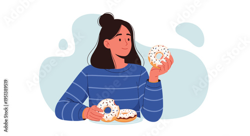 Happy young woman enjoying delicious glazed donuts while sitting at a table in a simple flat vector illustration style.