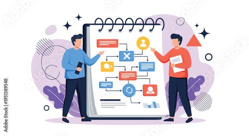 Business professionals discussing a project management flowchart on a giant notepad in a modern creative workspace setting.