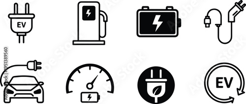 A set of vector line art silhouettes depicting electric vehicle charging icons and symbols in a bundle
