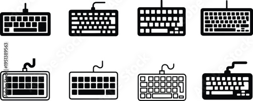 A set of vector line art keyboard silhouettes in various designs and styles for computer and technology concepts