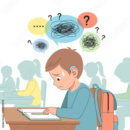 A hearing-impaired boy sits in the classroom, overcome by confusion and distraction. Cochlear implantation.