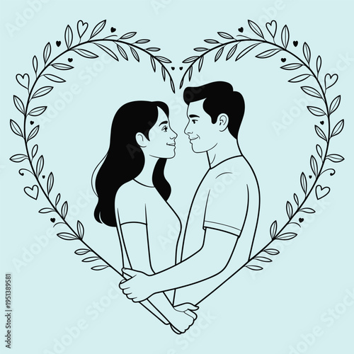 Couple Embracing Inside Heart Shaped Floral Wreath Romantic Line Art Illustration