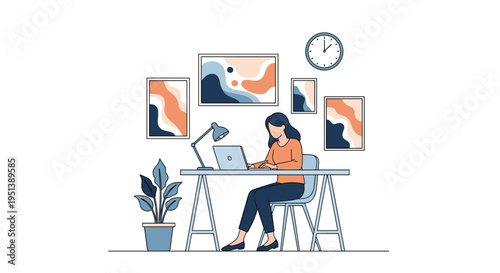 Productive woman working on a laptop computer at her home office desk decorated with modern abstract wall art paintings.