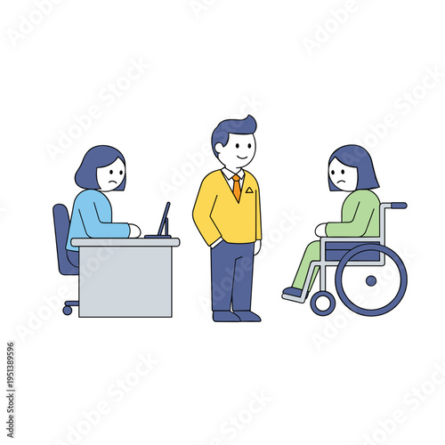 Two people talking with a wheelchair user in an office setting 