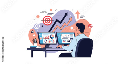 Data analyst working at a desk with dual monitors showing financial growth trends and various statistical business charts.