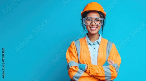 Female construction worker smiling arms crossed blue background