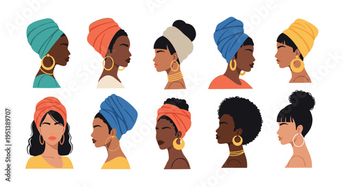 Beautiful profiles of African women wearing colorful traditional headwraps and elegant gold jewelry as a celebration of culture.