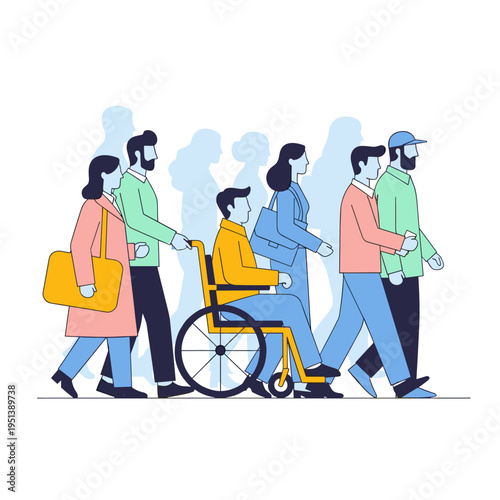 Individual in wheelchair walking with diverse group of people, concept of Disability & Invisibility  