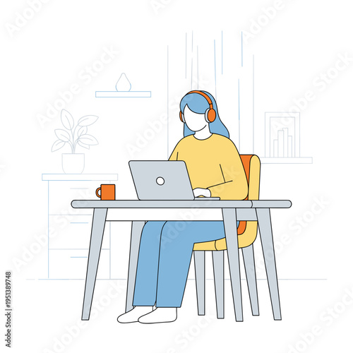 Young woman wearing headphones working on laptop at home  