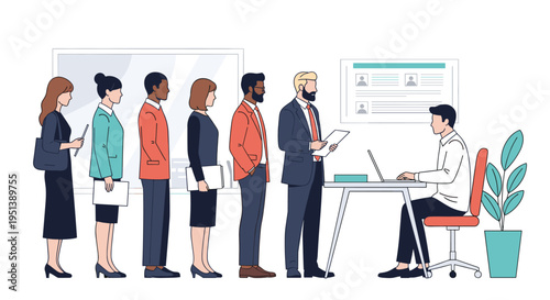 Long queue of job seekers waiting for their turn to be interviewed by a recruiter in a professional office setting.