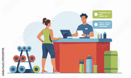 Gym reception area with customer and staff flat vector illustration