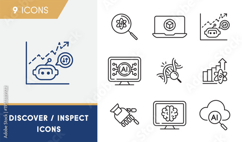 AI Discovery And Data Inspection Line Icons Set For Machine Learning Analytics And Research