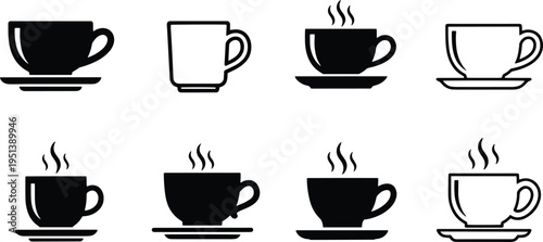 A set of vector line art coffee cups and saucers in silhouette style for design use