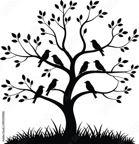 Silhouette Tree with Birds Perched on Branches Minimalist Nature Scene Stock Graphic