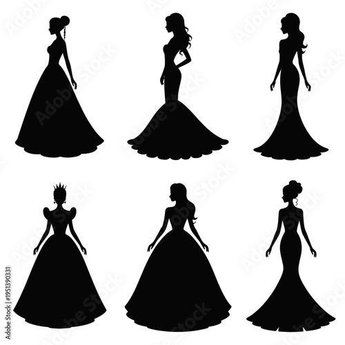 The image showcases six black silhouettes of women in elegant gowns, each in a unique pose.