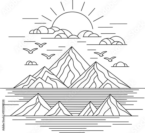 Mountain Range Reflection Sunrise Birds Flying Line Art