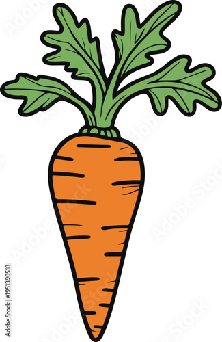 Colorful bold line art sticker of a carrot with crooked leafy top, uneven lines, naive drawing style, white background 1