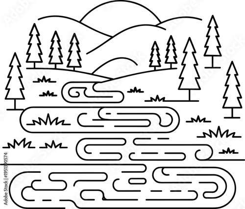 Abstract River Landscape with Trees and Hills Minimalist Line Art Vector Illustration