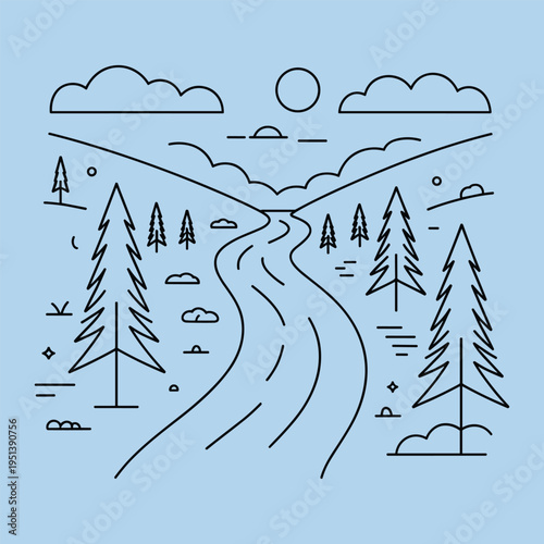 Winding River through Pine Forest Landscape Minimalist Line Art Blue Sky Background
