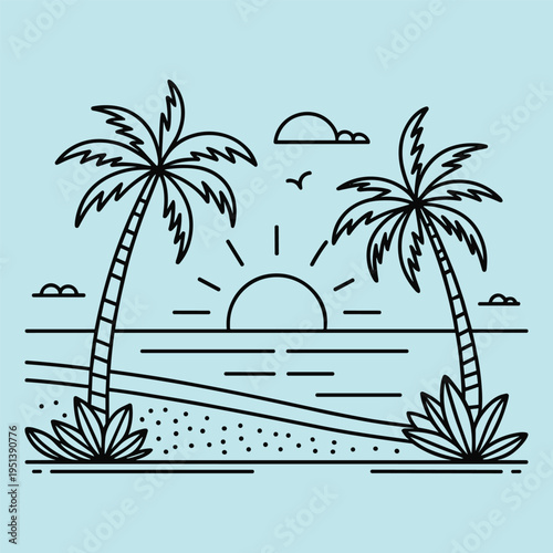 Palm Trees and Sunrise Over Ocean Water Minimalist Line Art Illustration